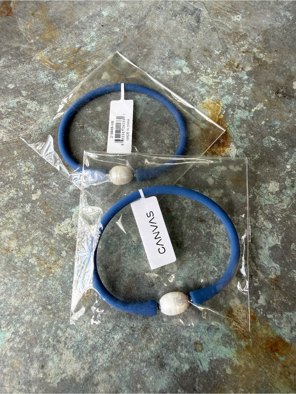 Canvas Blue Silicone Bracelet with Pearl Accent